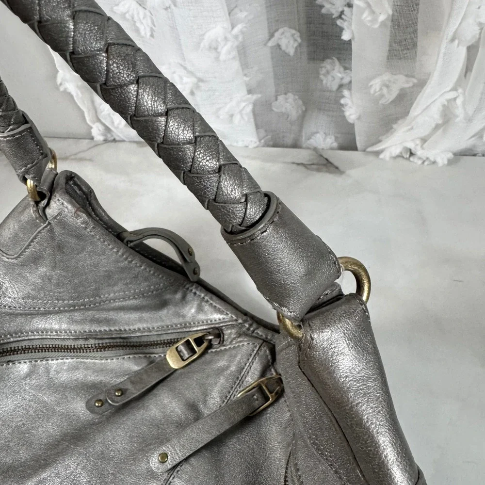 Banana Republic Silver Italian Leather Hobo Bag Purse Braided Strap Lambskin